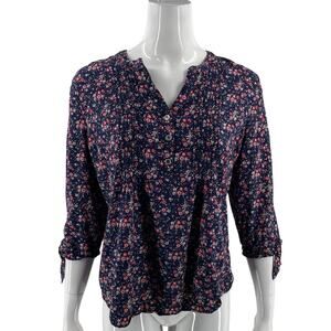 Westport Womens Top Size Large Navy Blue Pink Floral Pintuck Tie Sleeve Blouse